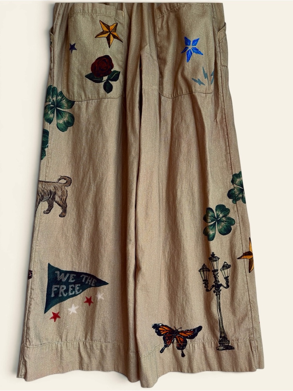 We The Free Breezy Printed Denim Pull On Jeans Size Medium Khaki Combo Pockets - Picture 8 of 16